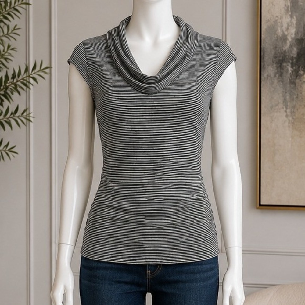 BCX Womens Top Cowl Neck Ruched Side Striped Cap Sleeve Black White Medium